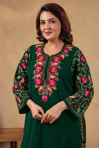 Multicolor Aari Embroidery Kashmiri Pheran | Bottle Green