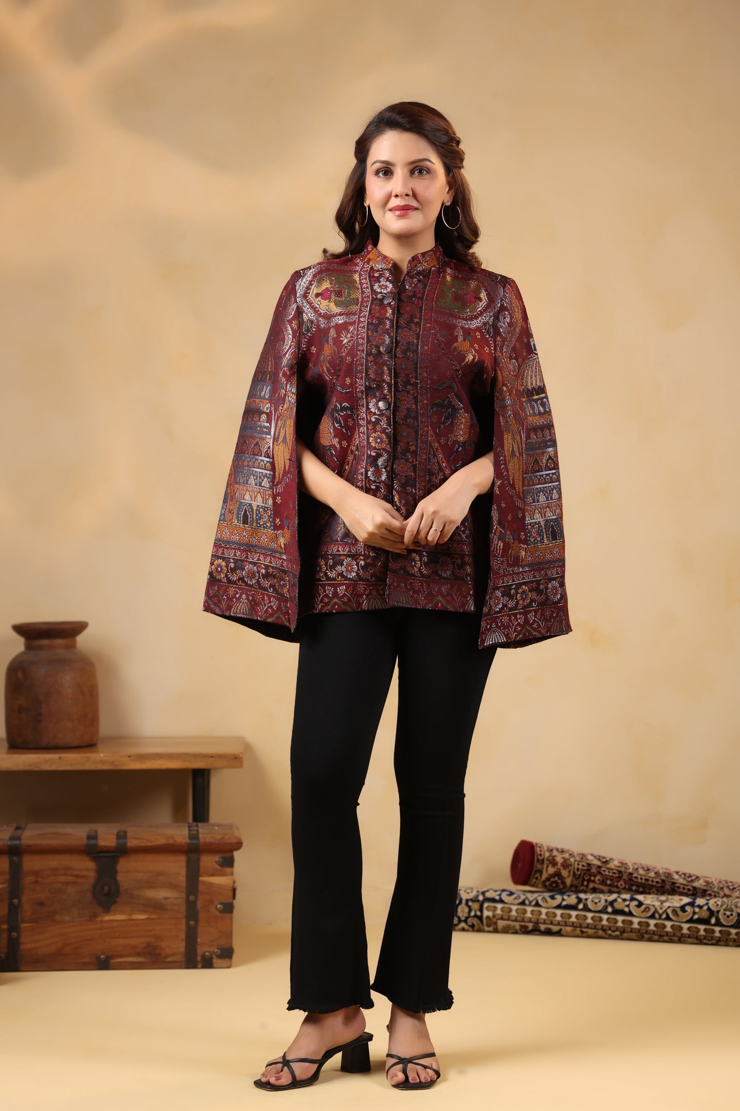 Women Woven Zari Darbar Royal Woollen Luxury Cape Jacket | Wine