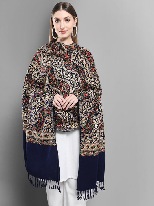 Kashmiri Aari Embroidery Woollen Shawl | Navy Blue