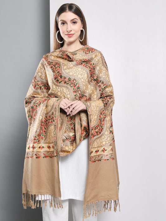 Kashmiri Aari Embroidery Woollen Shawl | Brown