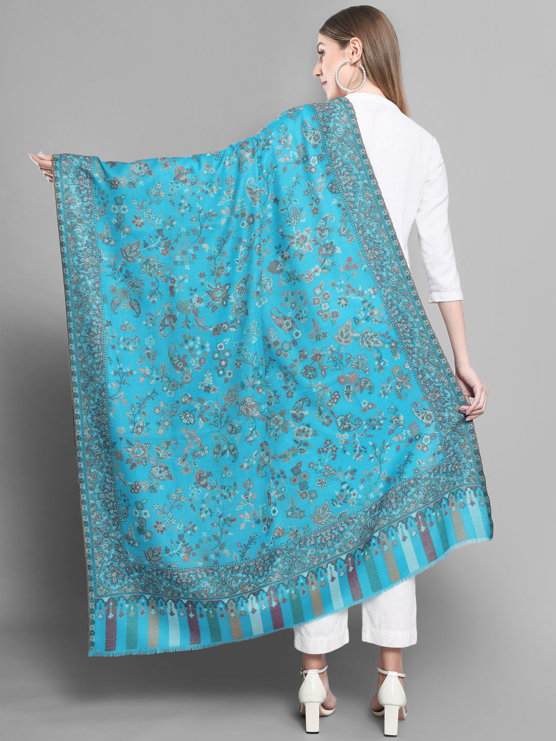 Kani Woven Shawl for Women in Paisley Design Weaving | Cyan