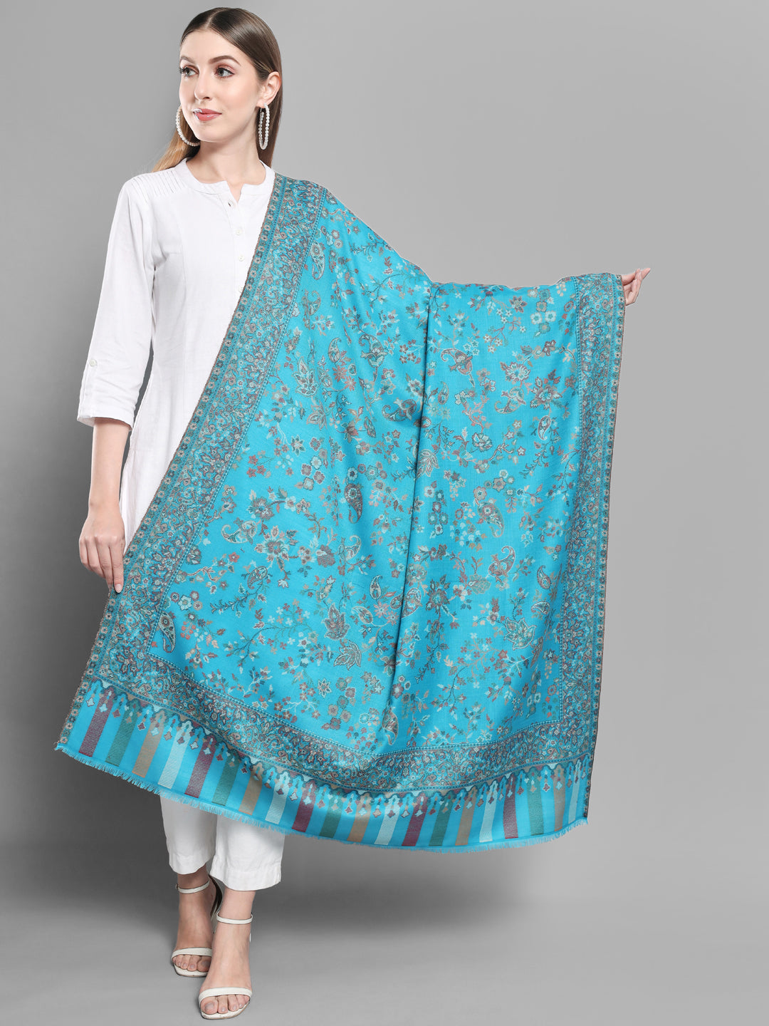 Kani Woven Shawl for Women in Paisley Design Weaving | Cyan