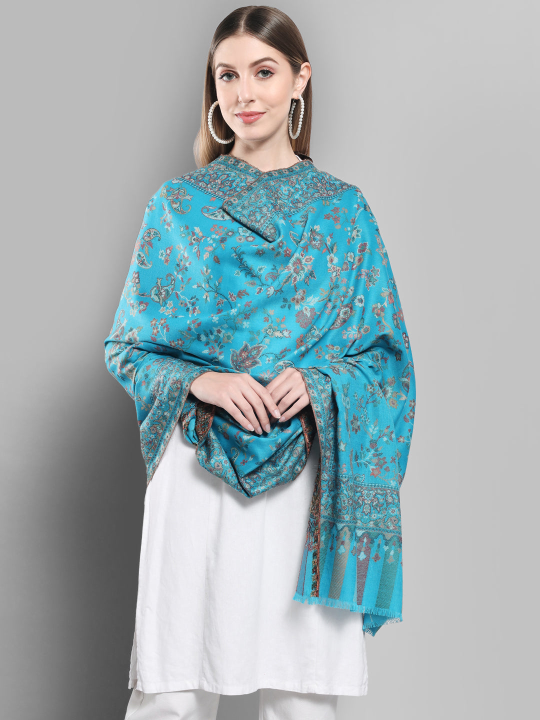 Kani Woven Shawl for Women in Paisley Design Weaving | Cyan