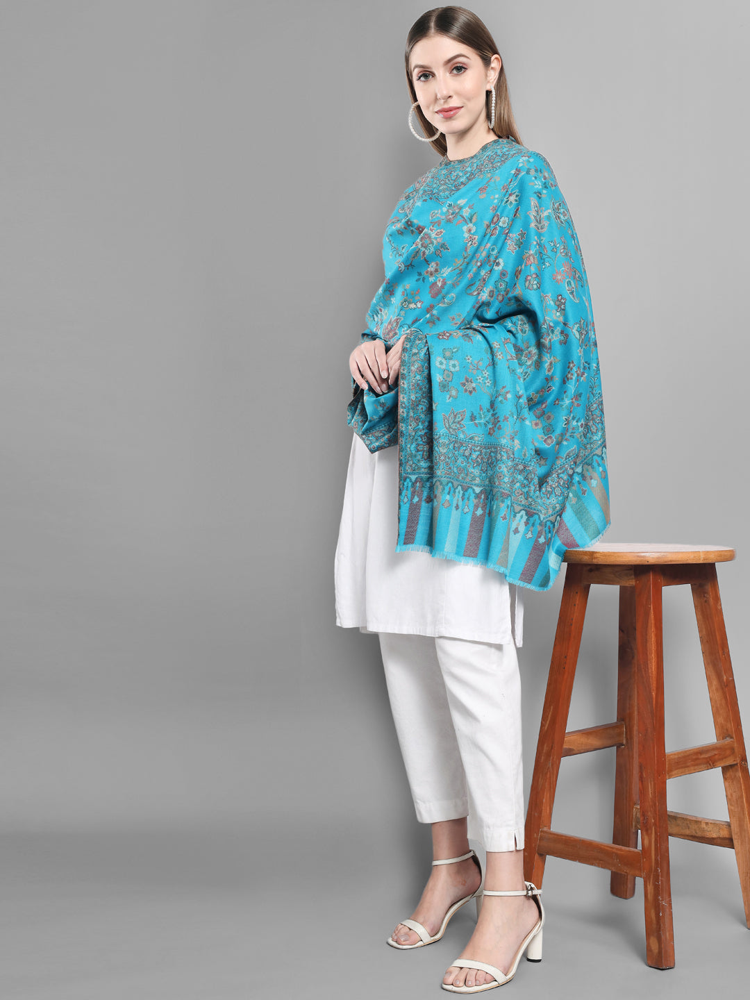 Kani Woven Shawl for Women in Paisley Design Weaving | Cyan
