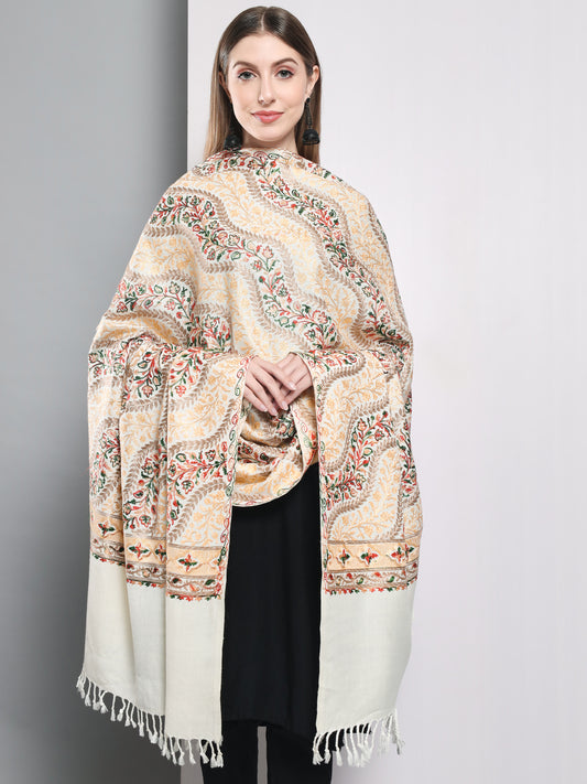 Kashmiri Aari Embroidery Woollen Shawl | Off White