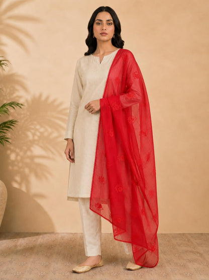Self Floral Embroidery Chanderi Cotton Dupatta for Women | Red