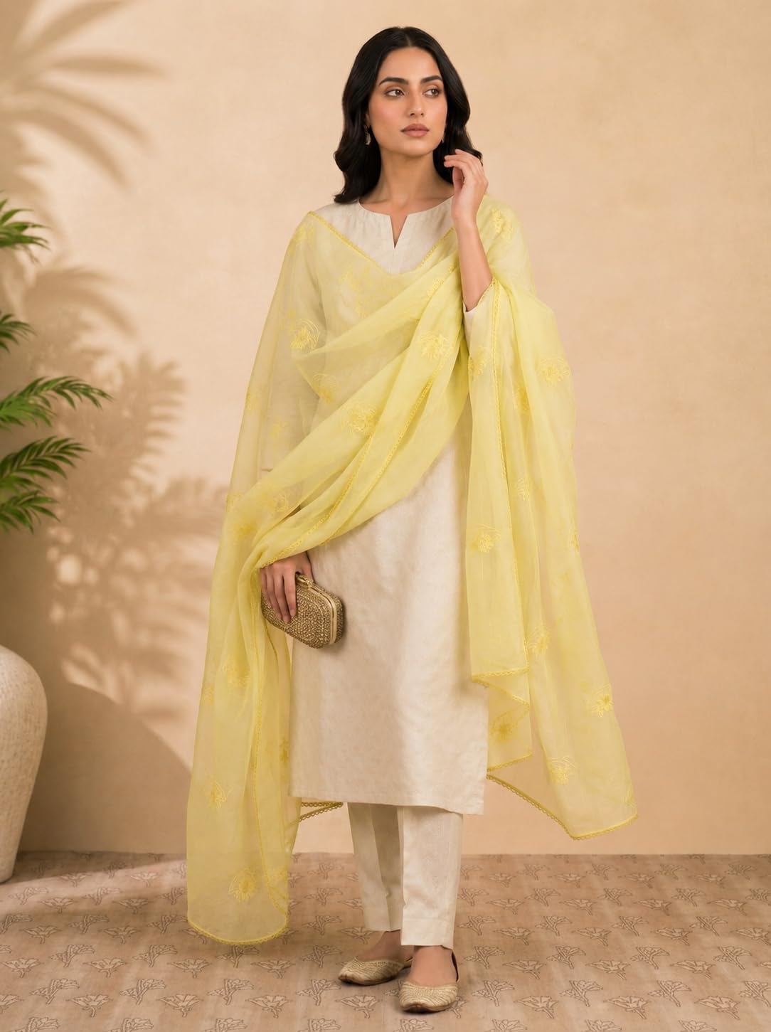 Self Floral Embroidery Chanderi Cotton Dupatta for Women | Yellow - view 2