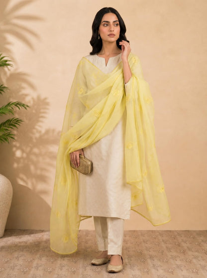 Self Floral Embroidery Chanderi Cotton Dupatta for Women | Yellow - view 2