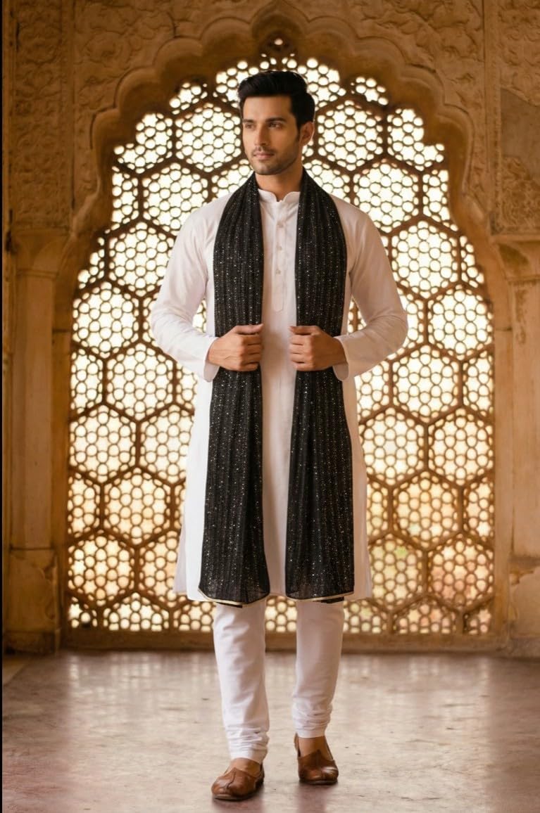 Striped Chanderi Cotton Dupatta for Men | Black - view 4