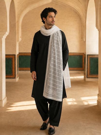 Pure Cotton Self Embroidered Vine Dupatta for Men | White - view 3