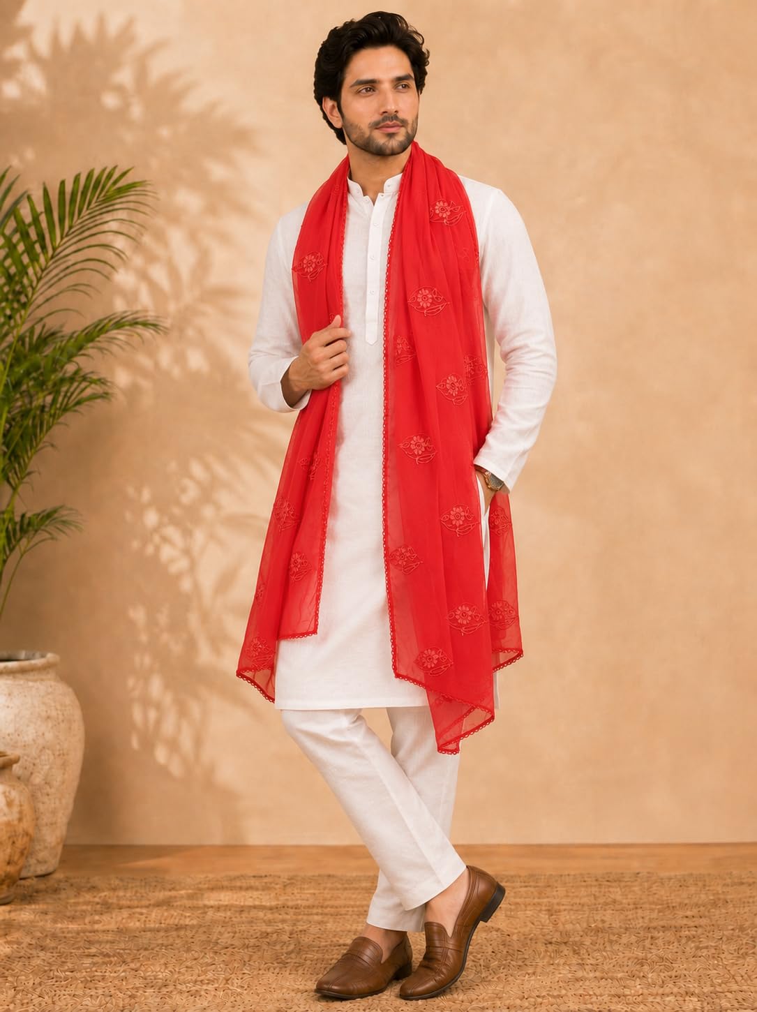 Self Floral Embroidery Chanderi Cotton Dupatta for Men | Red - view 3