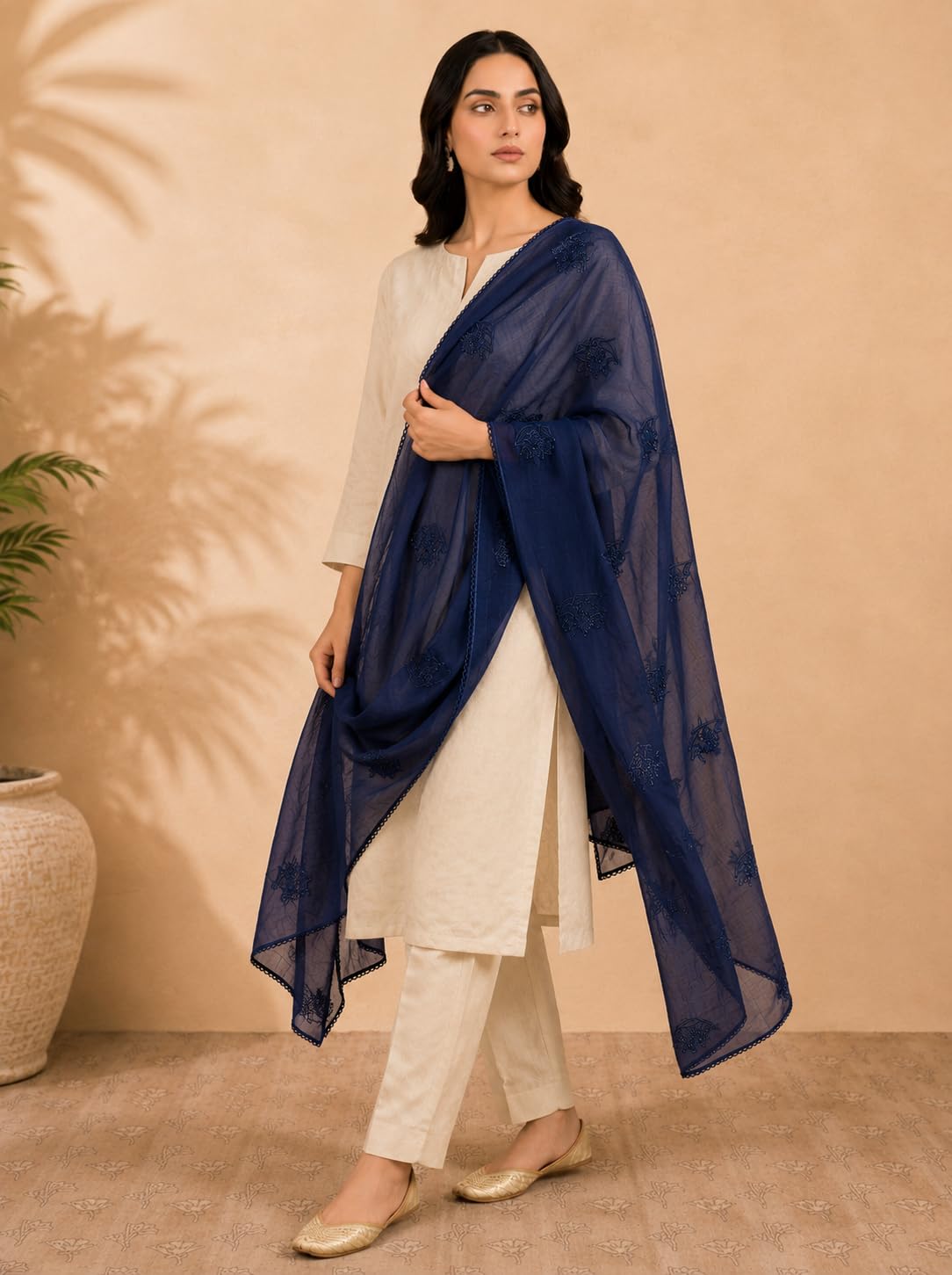 Self Floral Embroidery Chanderi Cotton Dupatta for Women | Navy Blue - view 2