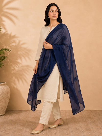 Self Floral Embroidery Chanderi Cotton Dupatta for Women | Navy Blue - view 2