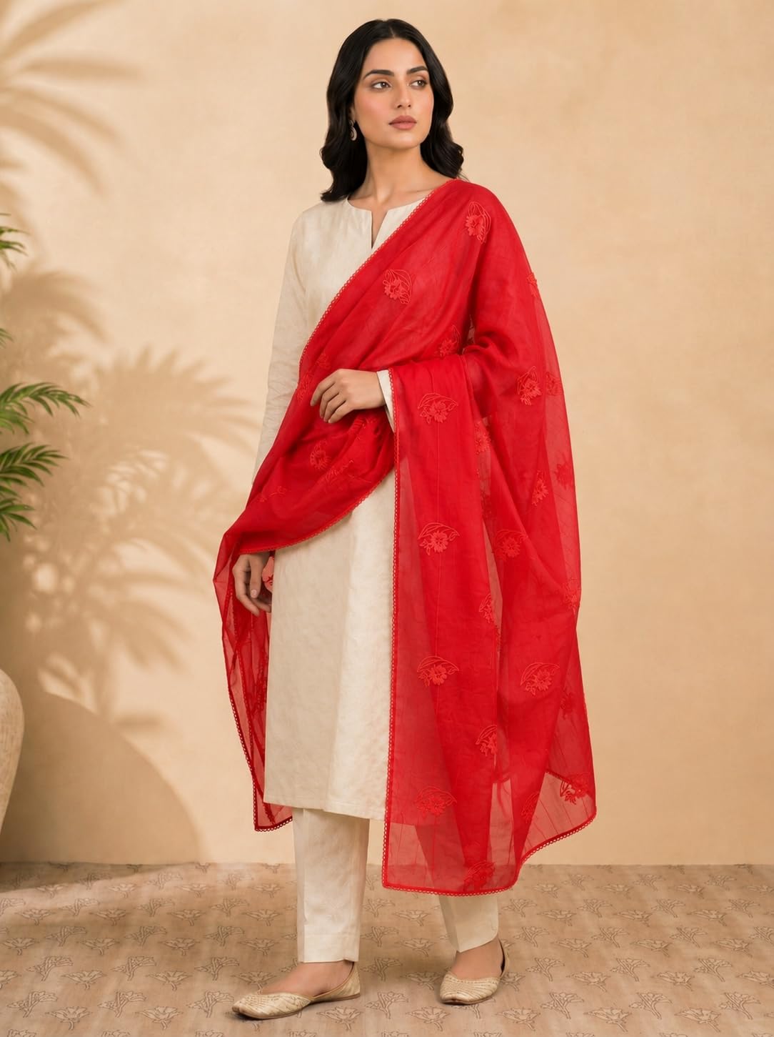 Self Floral Embroidery Chanderi Cotton Dupatta for Women | Red - view 2