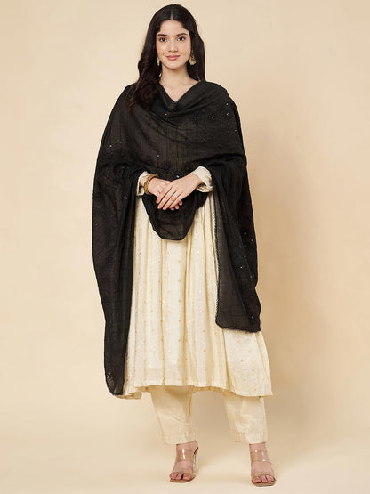 Floral Self Embroidered Chanderi Cotton Dupatta for Women | Black