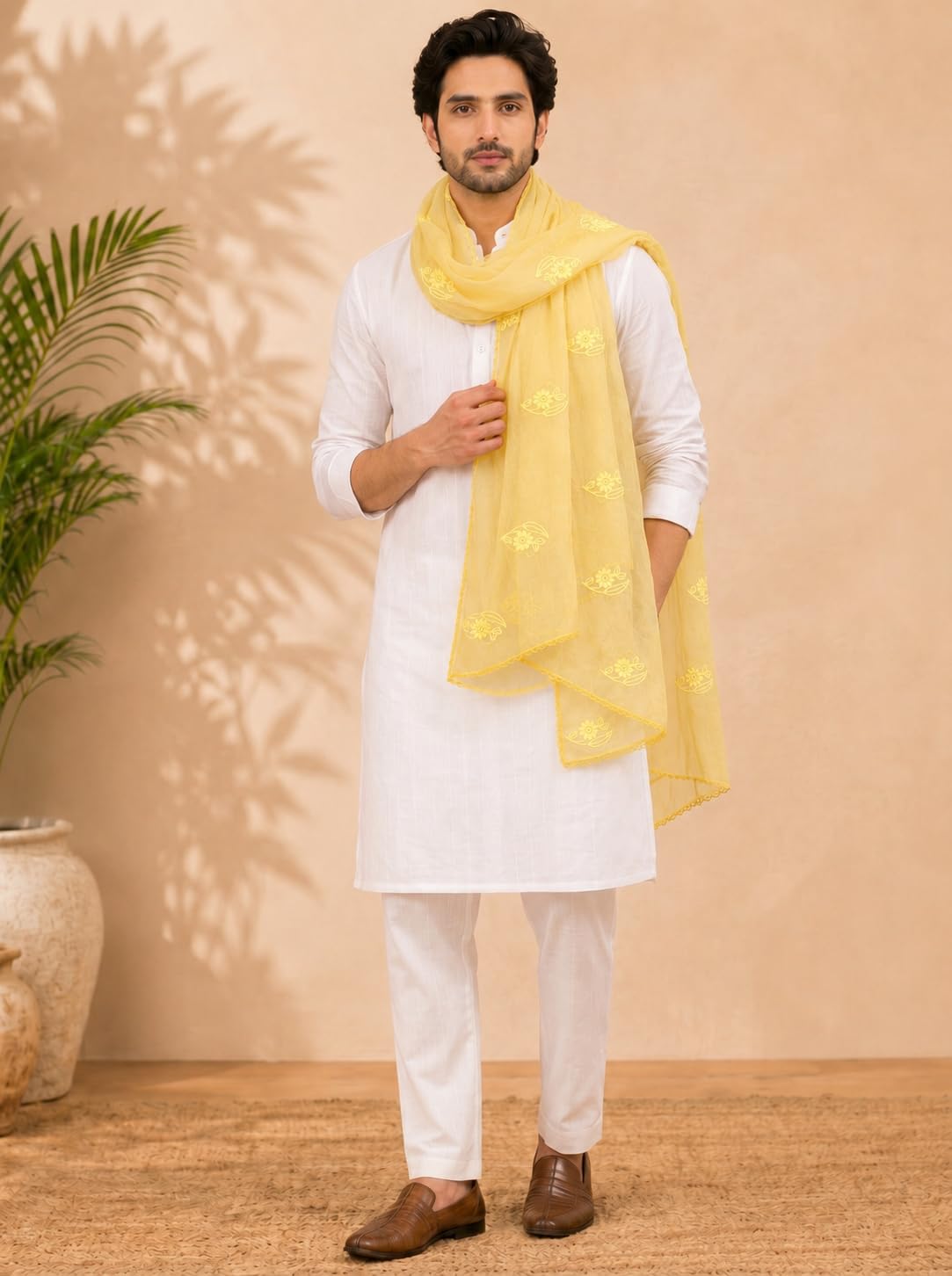 Self Floral Embroidery Chanderi Cotton Dupatta for Men | Yellow - view 2