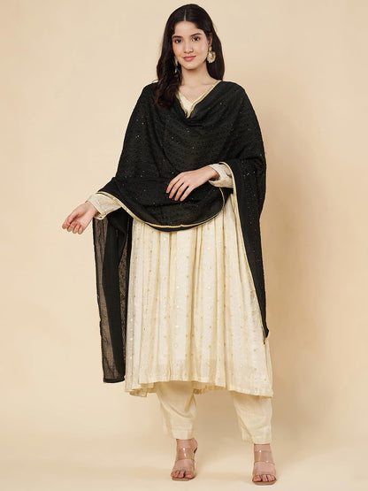 Chanderi Cotton Embroidery Dupatta for Women | Black