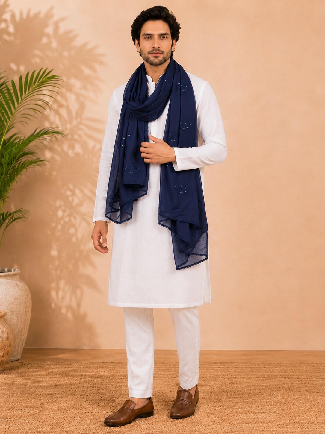 Self Floral Embroidery Chanderi Cotton Dupatta for Men | Navy Blue - view 2