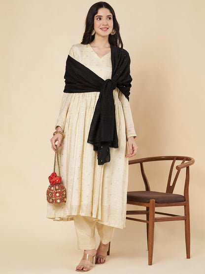 Floral Self Embroidered Chanderi Cotton Dupatta for Women | Black - view 4