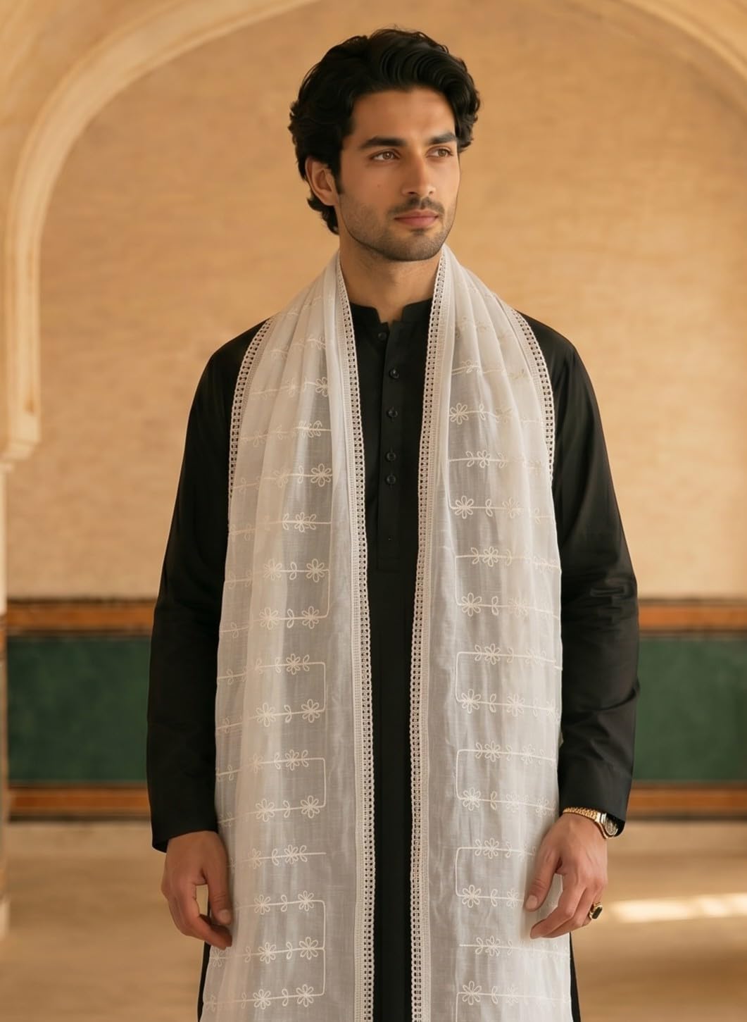 Pure Cotton Self Embroidered Floral Dupatta for Men | White - view 5