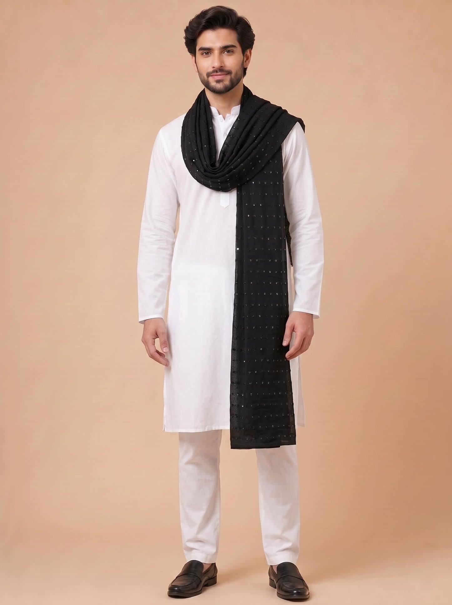 Pure Cotton Embroidered Dupatta for Men with Sequin | Black - view 3