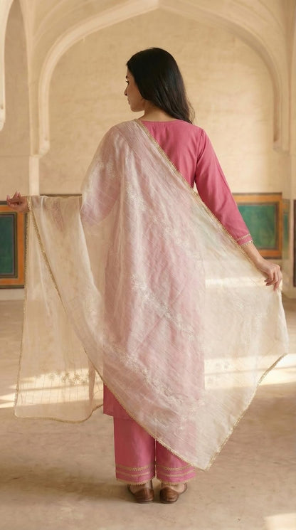Floral Self Embroidered Chanderi Cotton Dupatta for Women | White - view 4
