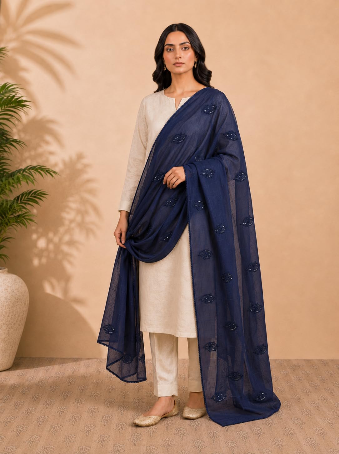 Self Floral Embroidery Chanderi Cotton Dupatta for Women | Navy Blue - view 4