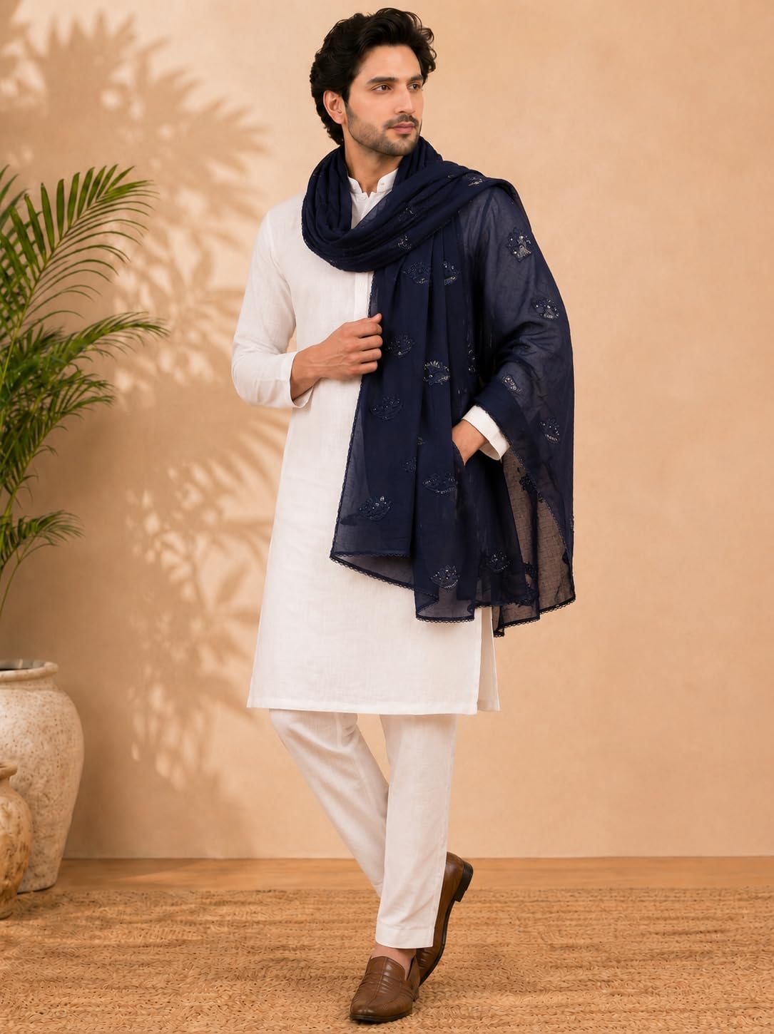 Self Floral Embroidery Chanderi Cotton Dupatta for Men | Navy Blue - view 5