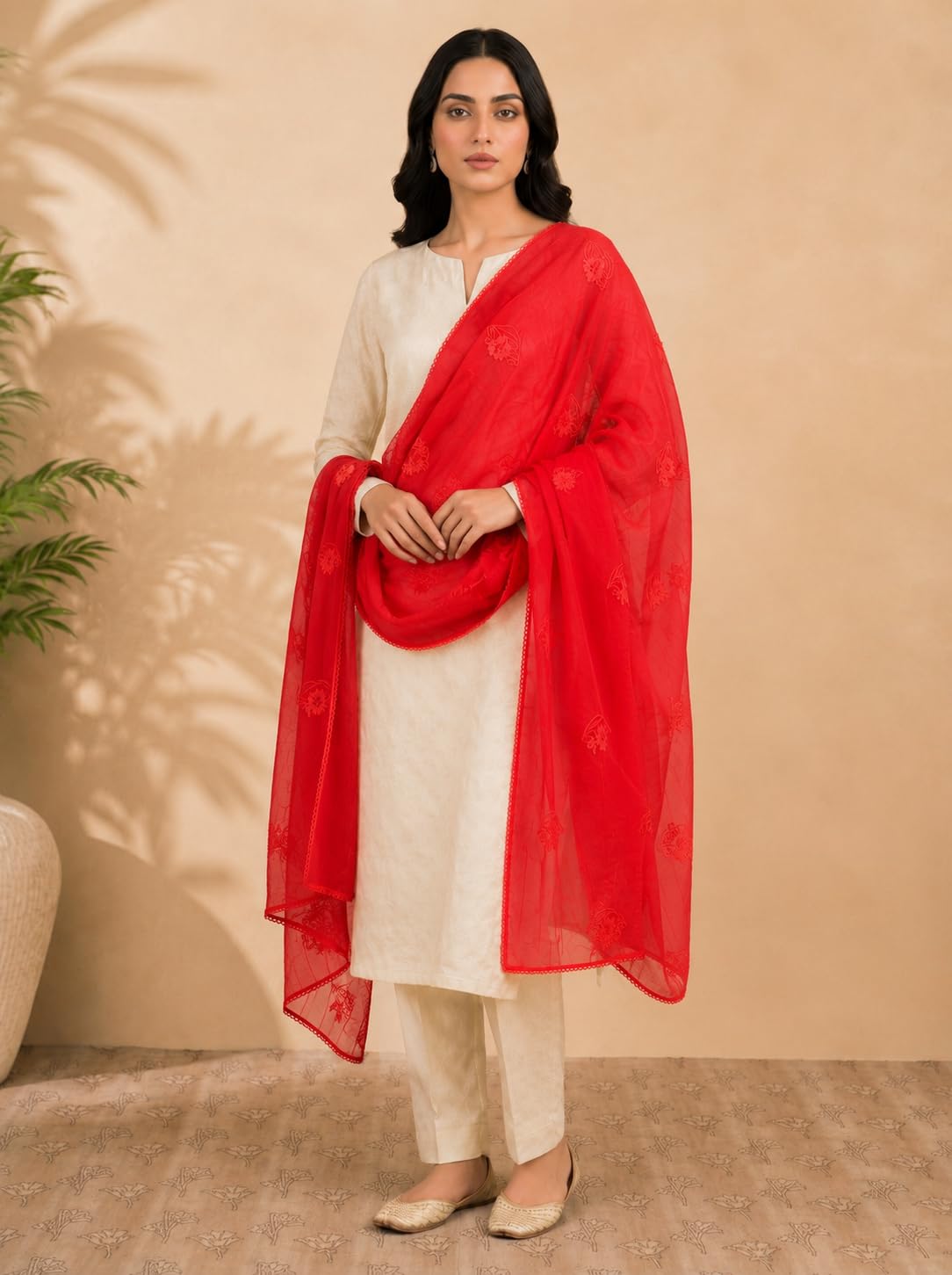 Self Floral Embroidery Chanderi Cotton Dupatta for Women | Red - view 3