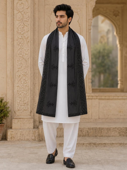 Pure Cotton Self Embroidered Dupatta for Men | Black