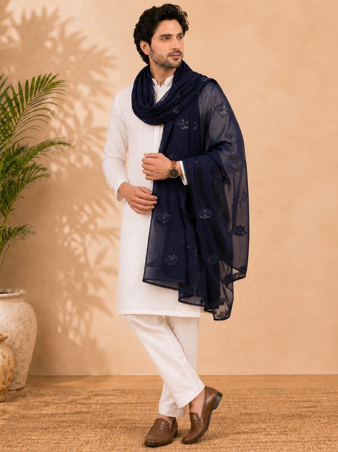 Self Floral Embroidery Chanderi Cotton Dupatta for Men | Navy Blue - view 4