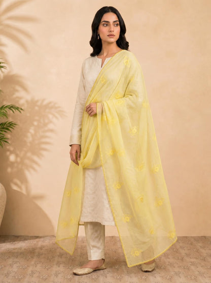 Self Floral Embroidery Chanderi Cotton Dupatta for Women | Yellow
