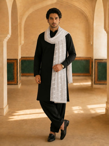 Pure Cotton Self Embroidered Stripe Dupatta for Men | White - view 4