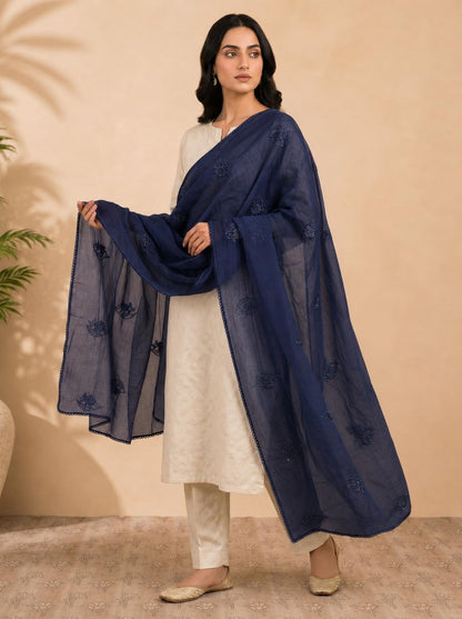 Self Floral Embroidery Chanderi Cotton Dupatta for Women | Navy Blue