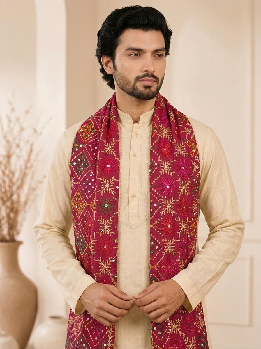 Pure Cotton Embroidered Phulkari Dupatta for Men | Pink - view 5