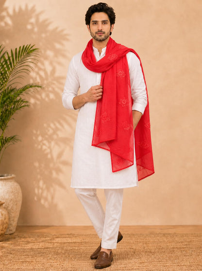 Self Floral Embroidery Chanderi Cotton Dupatta for Men | Red - view 2