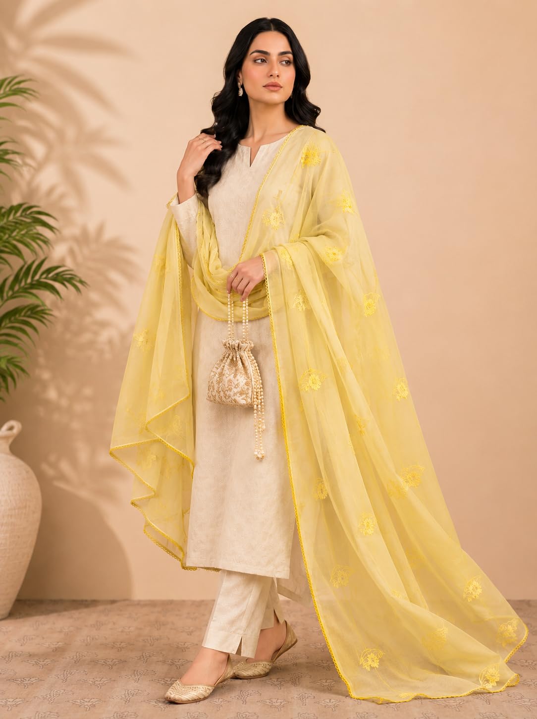 Self Floral Embroidery Chanderi Cotton Dupatta for Women | Yellow - view 5