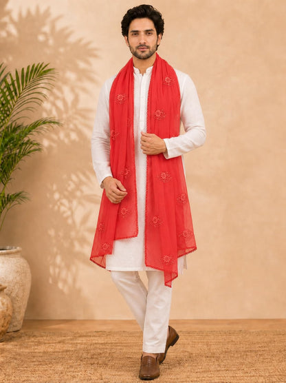Self Floral Embroidery Chanderi Cotton Dupatta for Men | Red