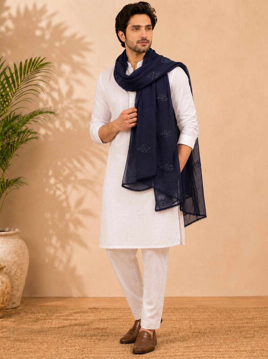 Self Floral Embroidery Chanderi Cotton Dupatta for Men | Navy Blue - view 3
