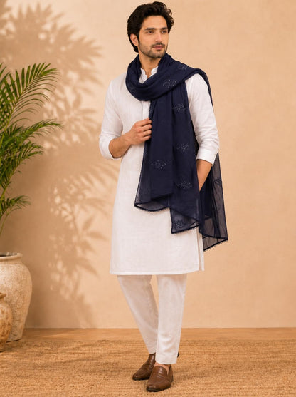 Self Floral Embroidery Chanderi Cotton Dupatta for Men | Navy Blue - view 3