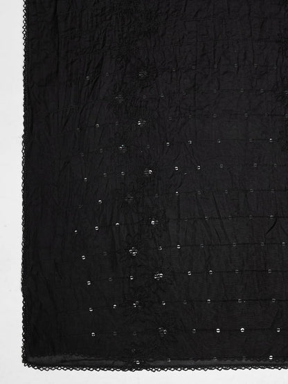 Floral Self Embroidered Chanderi Cotton Dupatta for Women | Black - view 5