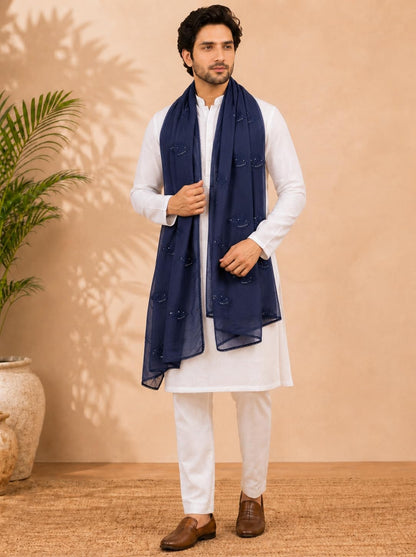 Self Floral Embroidery Chanderi Cotton Dupatta for Men | Navy Blue