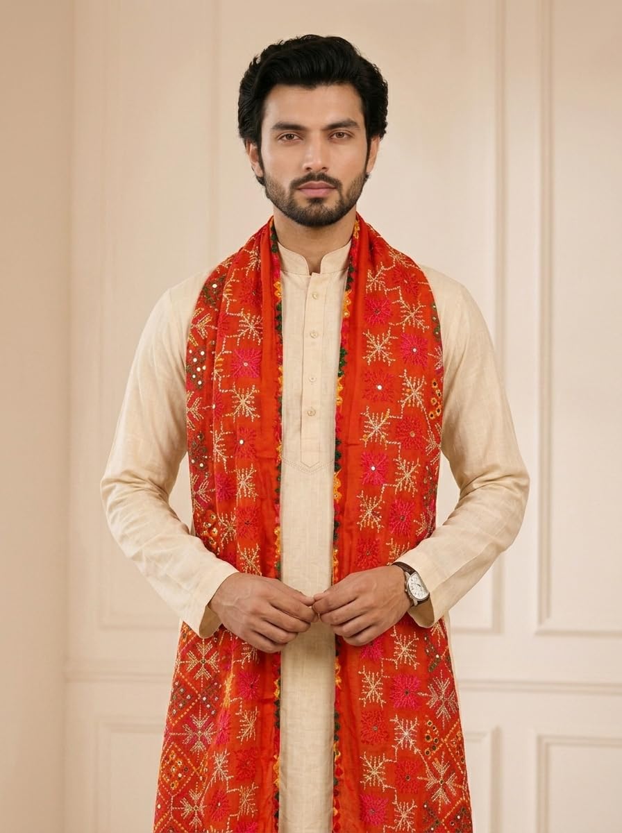 Pure Cotton Embroidered Phulkari Dupatta for Men | Red - view 4