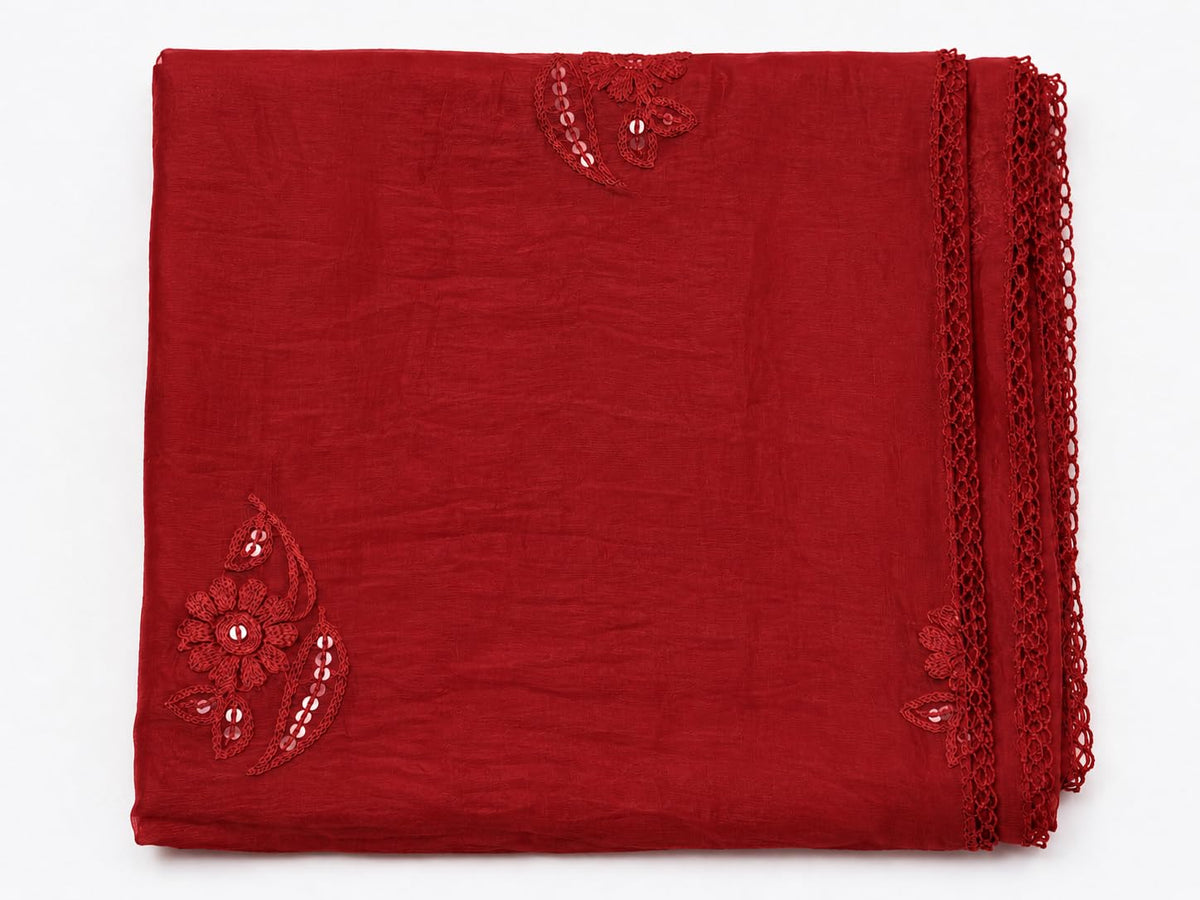 Self Floral Embroidery Chanderi Cotton Dupatta for Women | Red - view 5