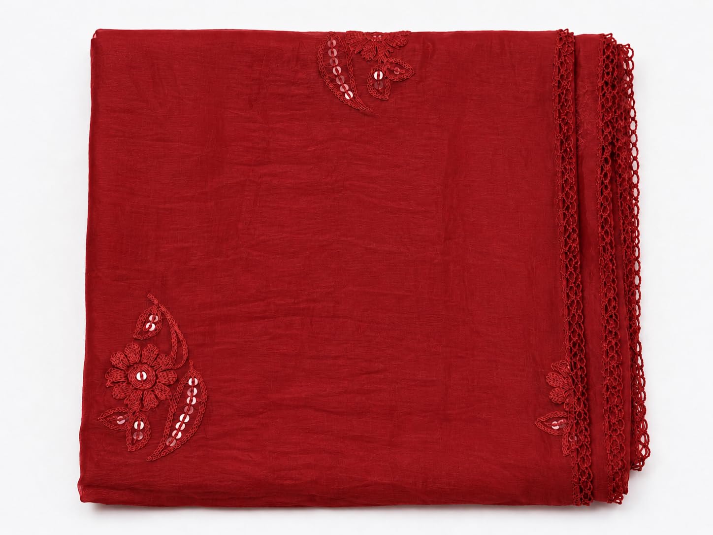 Self Floral Embroidery Chanderi Cotton Dupatta for Women | Red - view 5