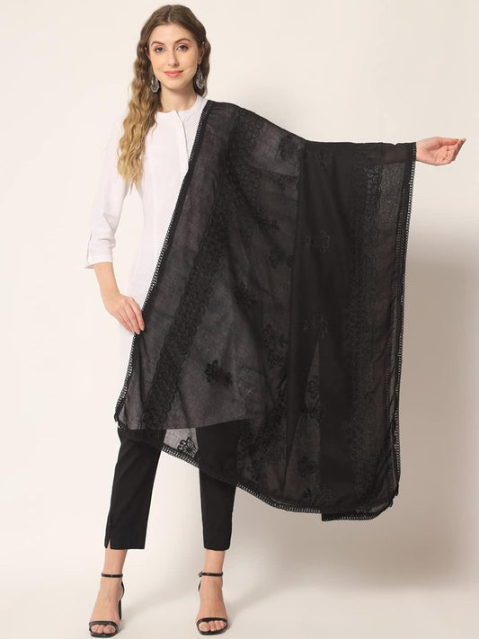 Embroidered Cotton Dupatta for Women | Black