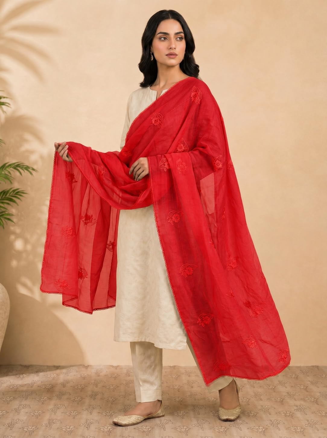 Self Floral Embroidery Chanderi Cotton Dupatta for Women | Red - view 4