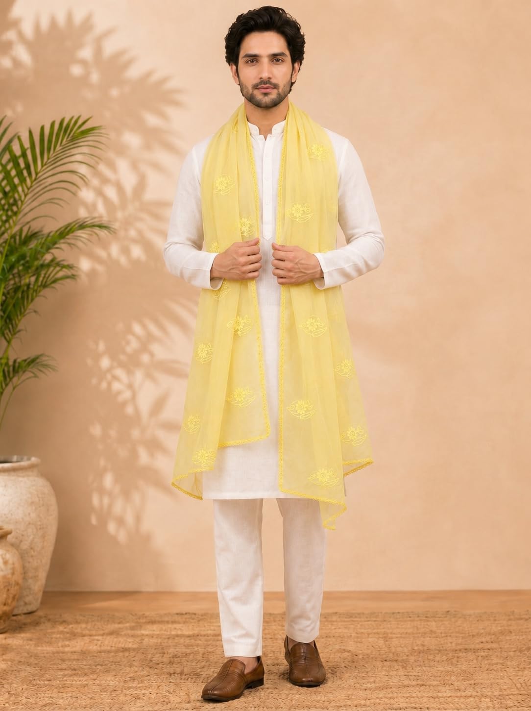 Self Floral Embroidery Chanderi Cotton Dupatta for Men | Yellow - view 3
