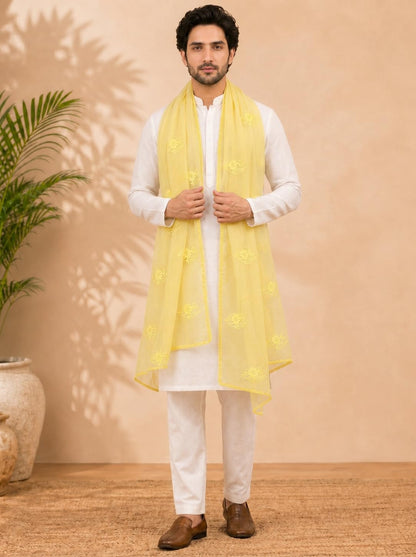 Self Floral Embroidery Chanderi Cotton Dupatta for Men | Yellow - view 3
