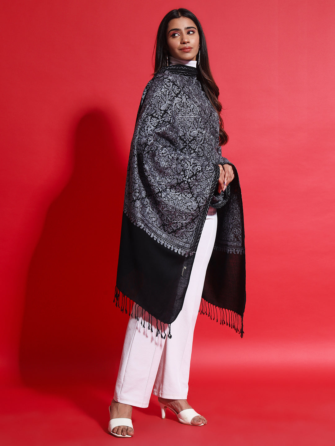 Woollen Pashmina Feel Stole in Silk Embroidery Dense Jaal for Women | Black